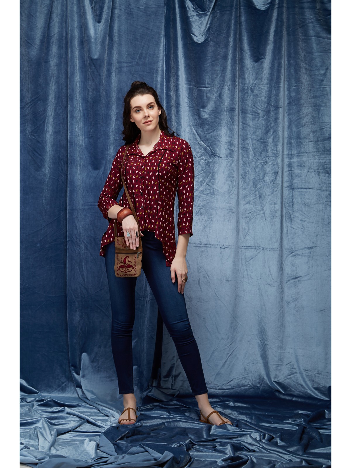 Up & Down Wine Bird Printed Wide Collar Shirt